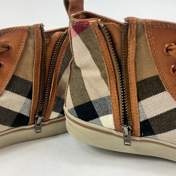 Burberry Kids Sz 2 (33) Nova Check High Top Sneakers Brown Tan Canvas Leather - Picture 9 of 11